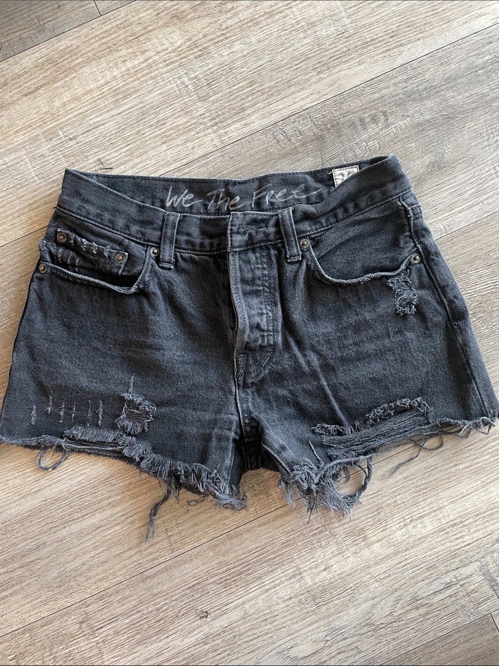 Free People We The Free Black Distressed Frayed Denim Shorts
